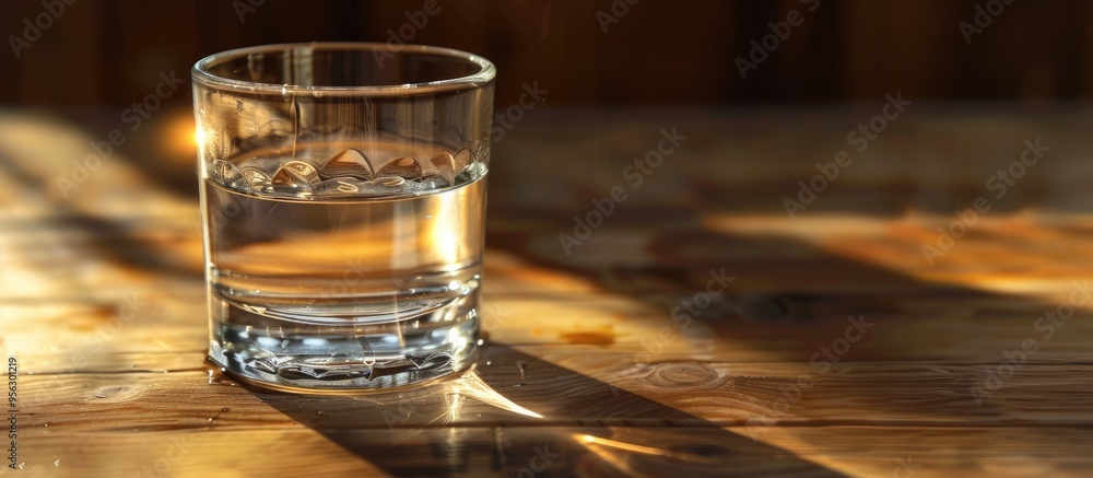 Poster close up shot of a glass of vodka on a wooden table with copy space image