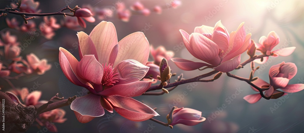 Leinwandbilder A pink magnolia flower in full bloom showcasing wide petals with a gradient fading from dark pink to light pink all set against a branch with multiple similar flowers perfect for a copy space image