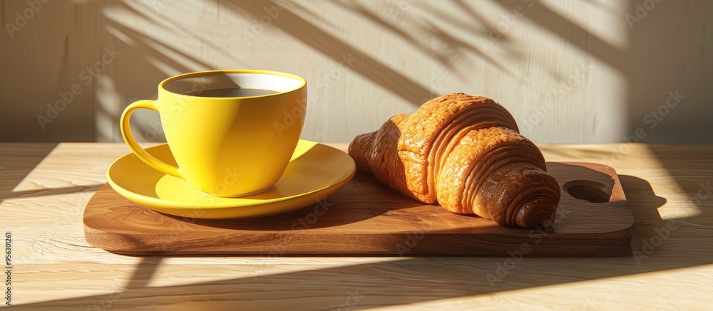 Poster french breakfast setting with a yellow cup of coffee and croissant on a plate placed on a wooden boa