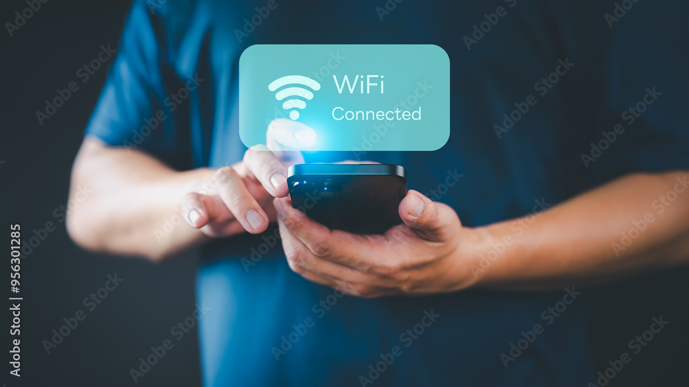 Poster While using a mobile phone, a man faces difficulties connecting to WiFi, encountering either connection issues or incorrect password, leading to a delay in loading digital data from websites.