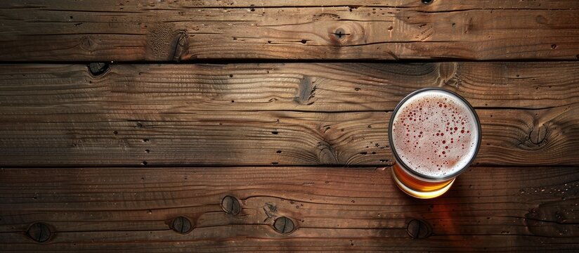 Top view of a teku glass with beer on a wooden table featuring copy space for images
