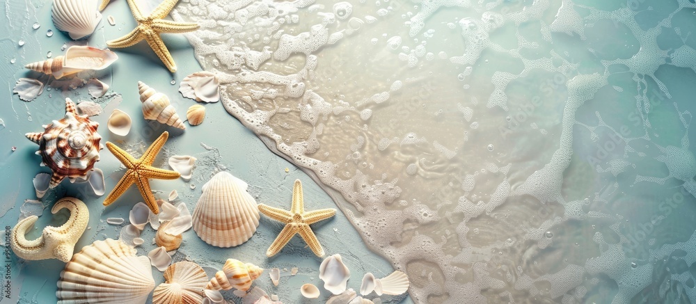 Poster Table background with sea shells or starfish for a summer concept featuring a copy space image for text