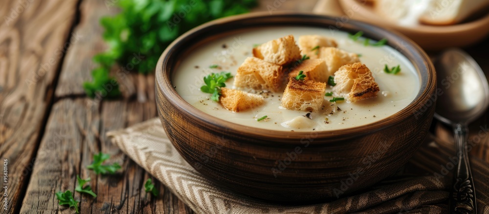 Leinwandbilder Delicious cream soup with croutons in a rustic setting with a wooden background perfect for a copy space image