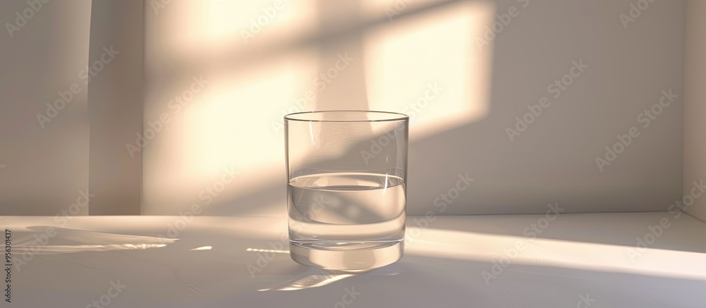 Aufkleber glass cup on white backdrop featuring shadows from lighting creating a copy space image