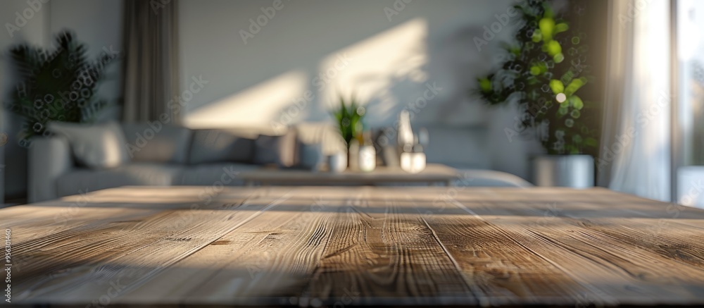 Leinwandbilder a modern scandinavian living room acts as a blurred backdrop behind an empty wooden table top provid