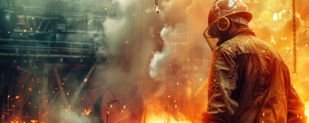 Fototapeta premium A solitary figure stands against a backdrop of a fiery industrial setting, possibly representing a post-apocalyptic scenario