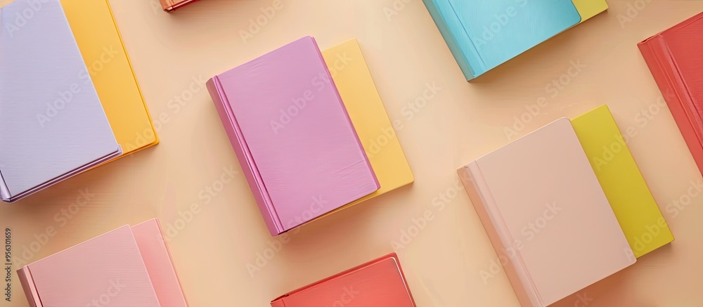 Fototapete flat lay arrangement of vibrant books on a beige backdrop with copy space image available for text