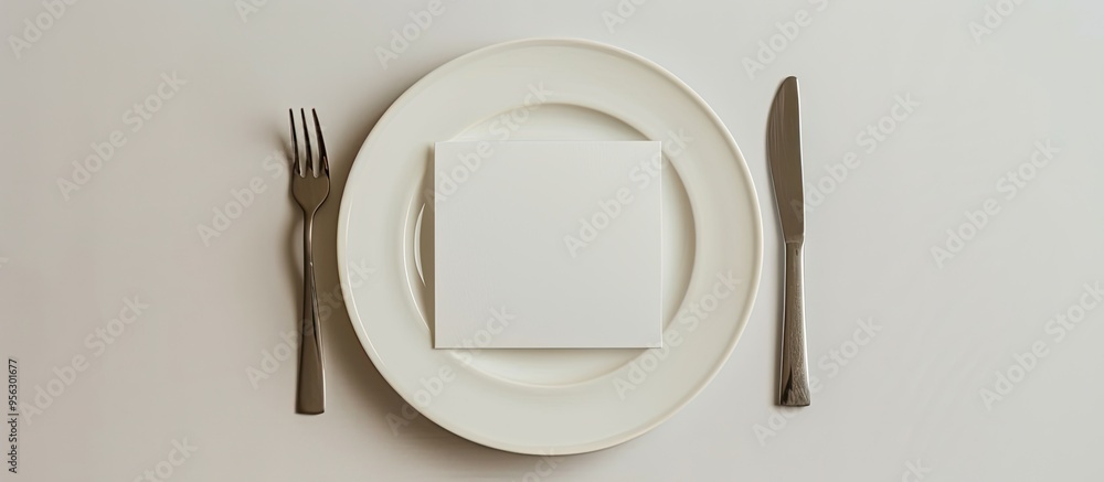 Poster a blank white paper card with copy space on a cream plate on a white background