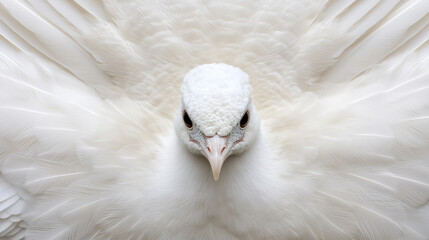 A white bird with a black beak and a red eye