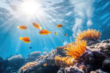 Naklejka premium Underwater Scene with Sunbeams, Fish, and Coral Reef