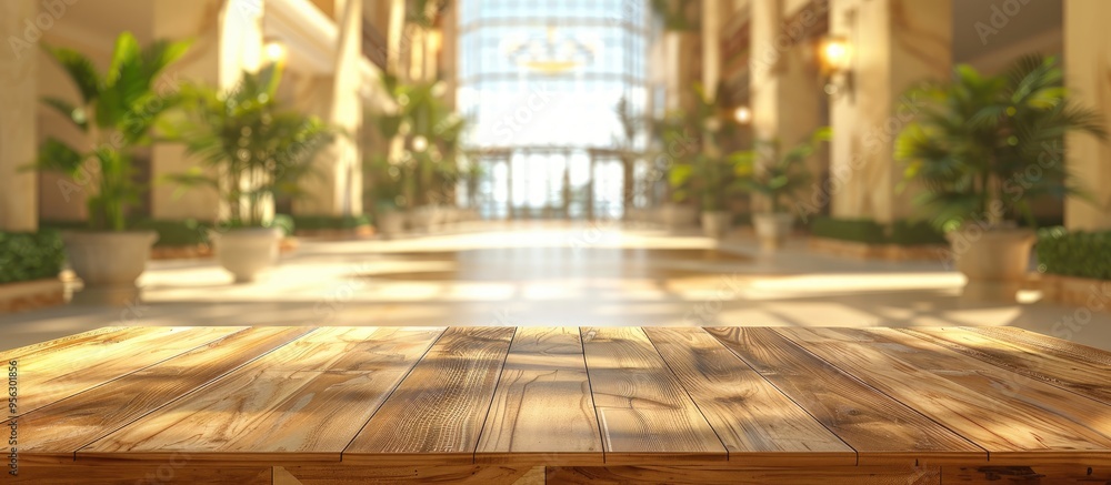 Poster A wooden table in the foreground with a blurred hotel lobby in the background serves as an ideal setting to showcase items in an advertisement with copy space image
