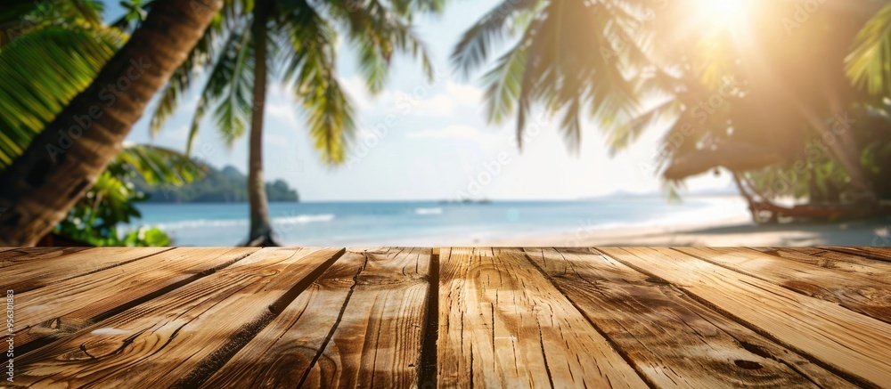 Poster Ideal for showcasing summer products a wooden table in the forefront against a blurred tropical beach backdrop with palm trees perfect for a copy space image