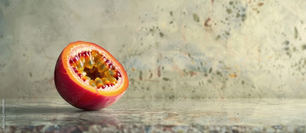 Poster a vibrant passionfruit sliced on a textured kitchen counter part of a wholesome diet photographed up