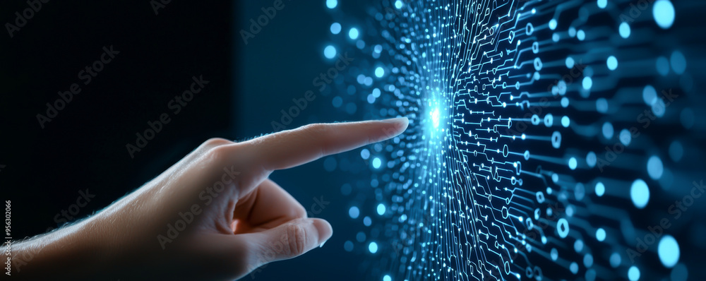 Poster a hand reaching towards a glowing digital interface, symbolizing connection and innovation in techno