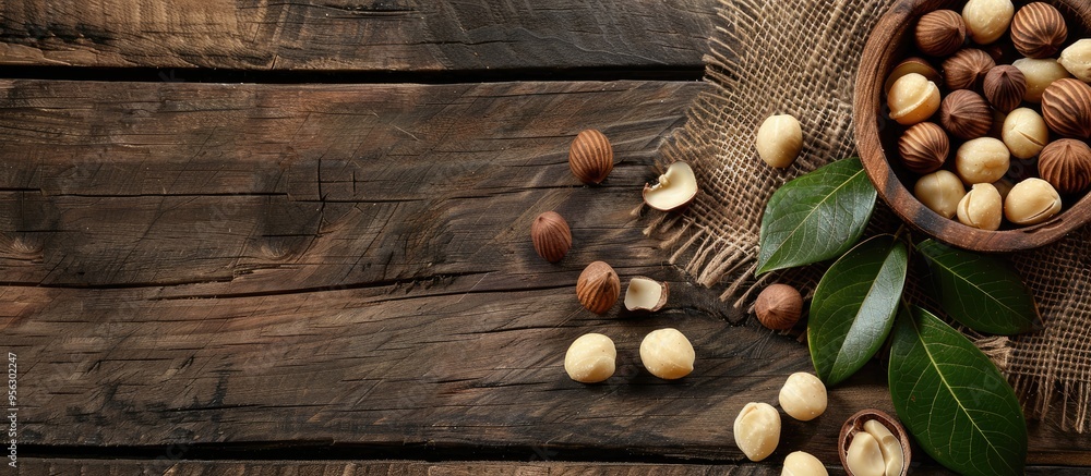 Aufkleber macadamia nuts arranged beautifully on a wooden table with copy space image