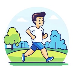 Fototapeta premium A man jogs cheerfully in a park, drawn in a fun, cartoonish style that brings personality to his every step.