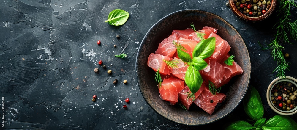Poster Top view of canned tuna garnished with fresh herbs displayed on a dark background with ample copy space image
