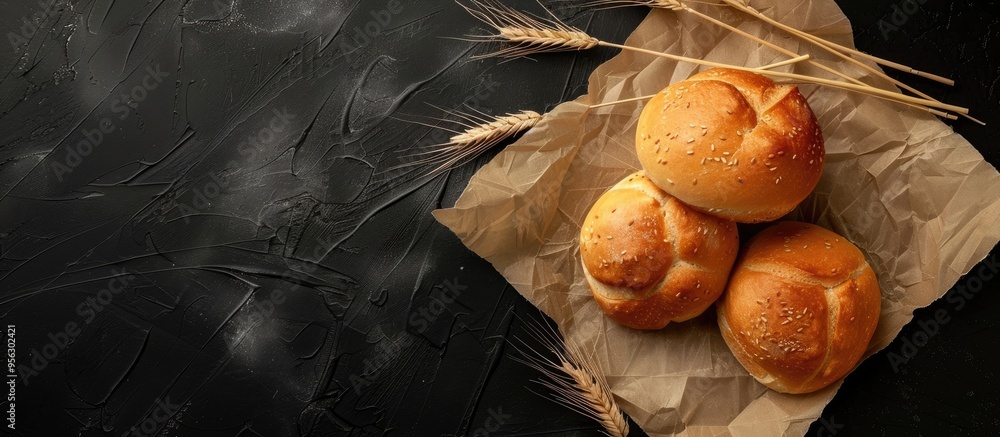 Aufkleber Delicious kaiser rolls and wheat ears on baking paper against a black background creating an appetizing copy space image