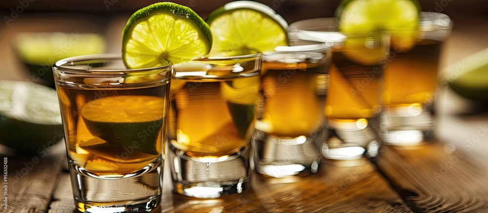 Poster Detailed close up of tequila shots in a studio setting with a clear area for additional text or images