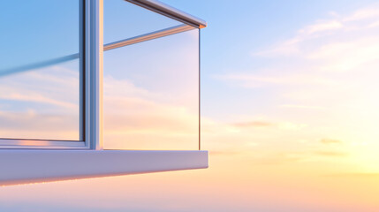 A modern balcony view showcasing a clear glass rail against a vibrant sunset sky, ideal for tranquil living environments.
