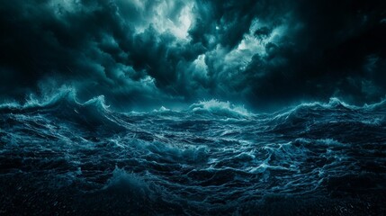 Fototapeta premium Dark and Stormy Ocean with Thunderous Clouds and Lightning Strikes, Epic Atmospheric Scene