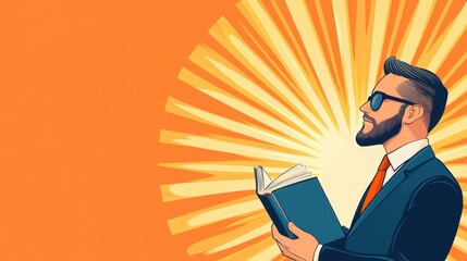 Explore vintage poster art featuring a man with a book, enveloped in a vibrant sunburst, showcasing retro illustration style.