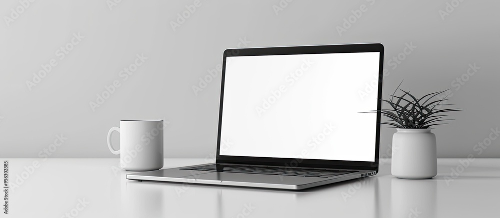 Poster a laptop with a blank screen and a white mug placed on a white table provides a clear copy space ima