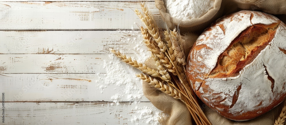 Poster Top view of a loaf of bread with wheat ears and a bag of flour on a white wooden surface creating a baking bread background with copy space image