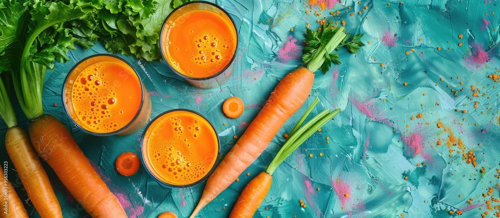 Aufkleber above view of fresh vegetables surrounding glasses of healthy carrot juice on a colorful textured ta