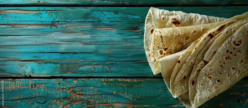 Poster thin lavash on a green wooden surface with copy space image
