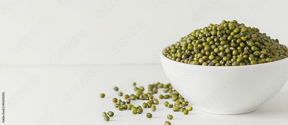 Aufkleber white bowl with organic mung bean and green moong dal on a white background with copy space image