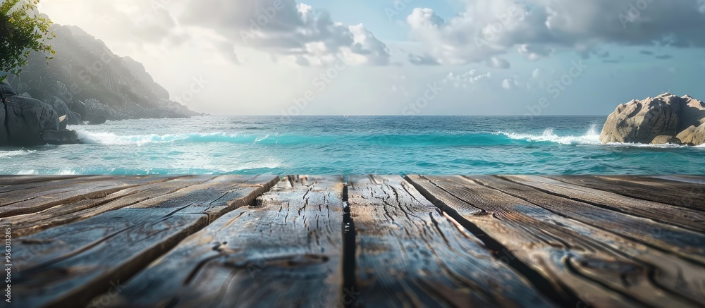 Aufkleber Sea view on an island with a charming wooden log serving as a table background featuring ample copy space for an image