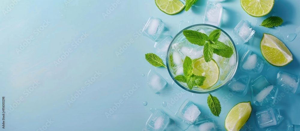 Poster Top view of a stylish Mojito cocktail garnished with lime mint and ice on a light blue backdrop with space for text or images reflecting a fun summer drink theme. Creative banner. Copyspace image
