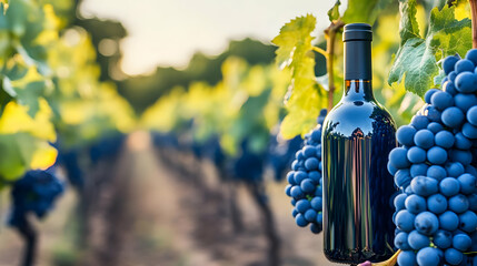 Fototapeta premium Wine Bottle and Grapes in Vineyard at Sunset