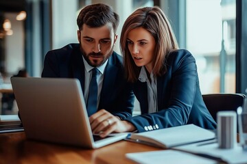 Fototapeta premium Two busy professional executives team using laptop in modern office. Business man and woman leaders managers working on computer at work desk having conversation on financial project at meeting.
