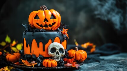 Halloween Pumpkin and Skull with Creative Halloween Cake, Orange and Black Cake for Halloween Celebration, 3D Illustration. AI generated illustration.