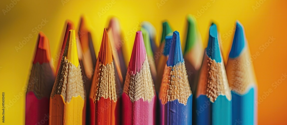 Poster Close up of numerous colorful pencils on a vibrant yellow backdrop with ample copy space image