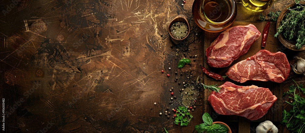 Poster view from above of a cooking table with two beef steaks displayed on a cutting board surrounded by h