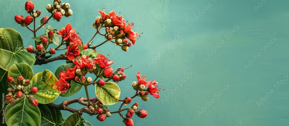 Poster jatropha plant with red flowers and green leaves against a green background and sky suitable for a c