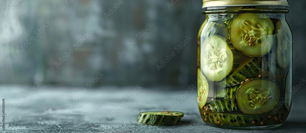 Aufkleber Closeup of pickled cucumber being removed from a jar on a grey background with room for text within the image. Creative banner. Copyspace image
