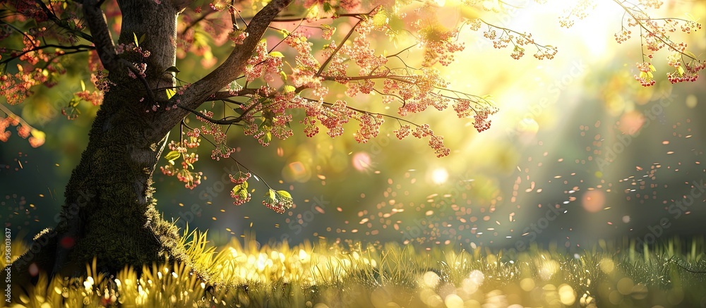 Leinwandbilder Blossoming cherries on a tree in the sunlight surrounded by nature creating a picturesque scene with copy space image