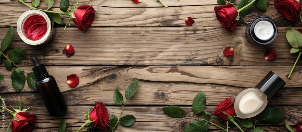Poster flat lay arrangement of cosmetic products and roses on a wooden surface offering copy space for addi