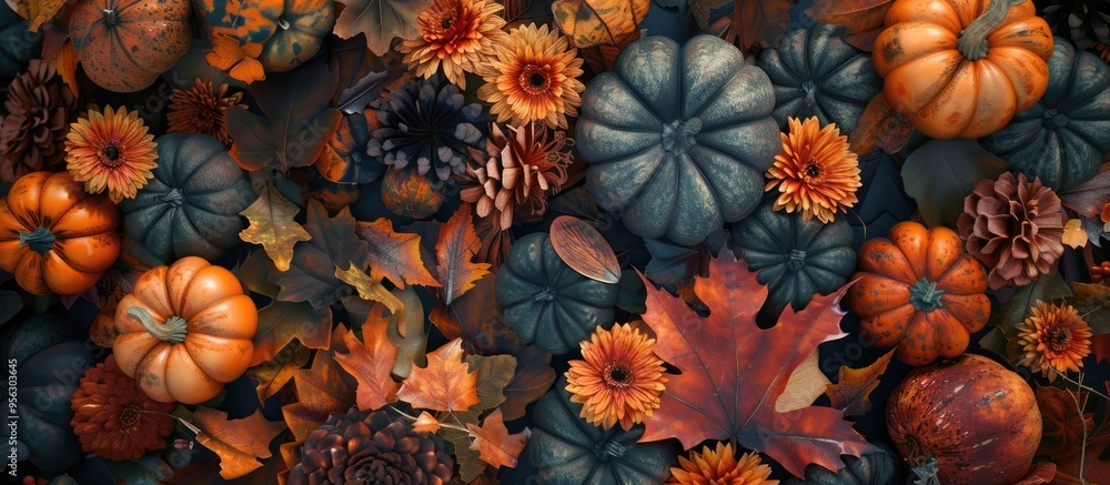 Leinwandbilder an aerial view of a fall themed arrangement with diverse pumpkins fallen leaves chrysanthemums and s