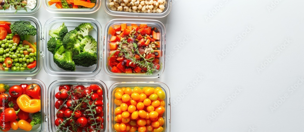Aufkleber glass containers with various healthy meals beautifully arranged on a white background in a flat lay