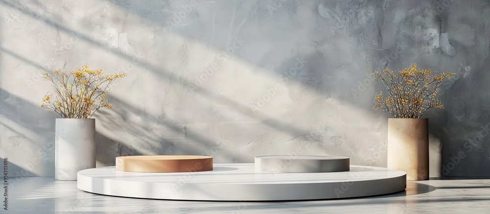 Poster various podiums for product photography on a gray background with copy space image