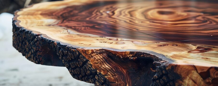 handcrafted wooden table with intricate grain patterns in a sunlit, cozy living room space