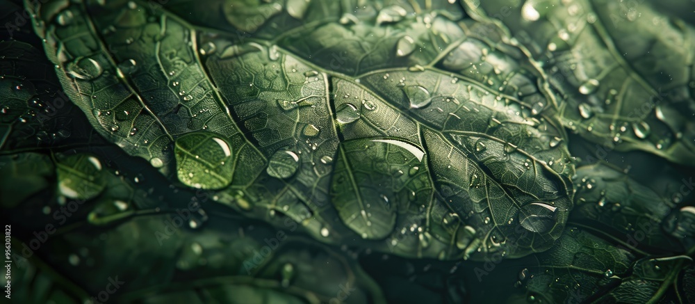 Poster a detailed shot showing water droplets on a leaf perfect with copy space image
