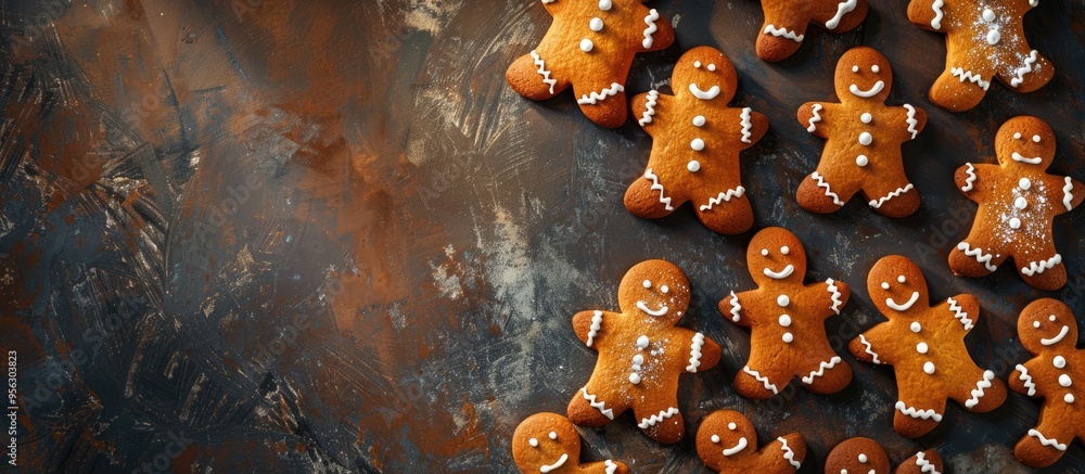 Poster different sized gingerbread men on a dark rustic background seen from above with copy space image