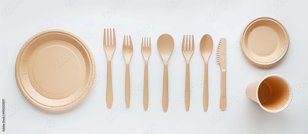Poster biodegradable craft dishes displayed on a light white table with recycling concept in a top view cop