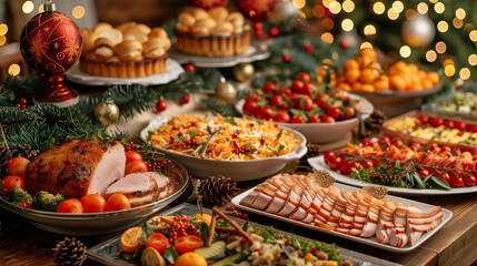 A New Year's party with buffet table with food and drinks